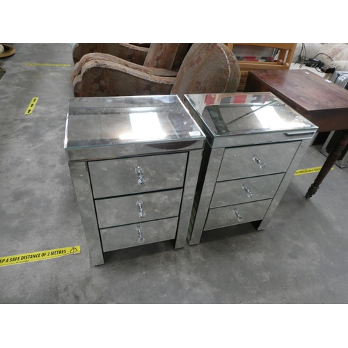 181 - Pair of mirrored 3 drawer bedside chests (45W 35D 67H cm)