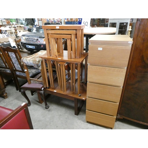 199 - Oak chest, pine nest of tables, teak nest of tables, tapestry top stool etc