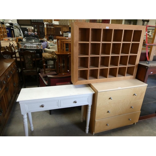 209 - Beech effect 3 drawer chest, 2 drawer desk tidy & oak pigeon hole