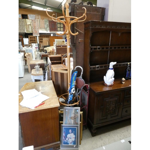 238 - Quantity inc. Bentwood style hat stand, vintage sledge, pictures, walking sticks etc