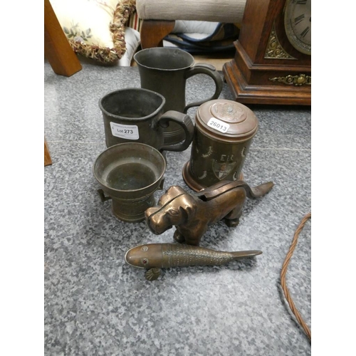 273 - Brass dog nutcracker, 2 tankards, brass articulated fish etc