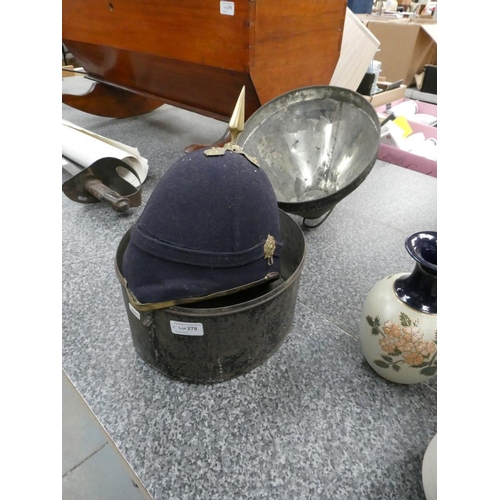 278 - Officers helmet in tin hatbox