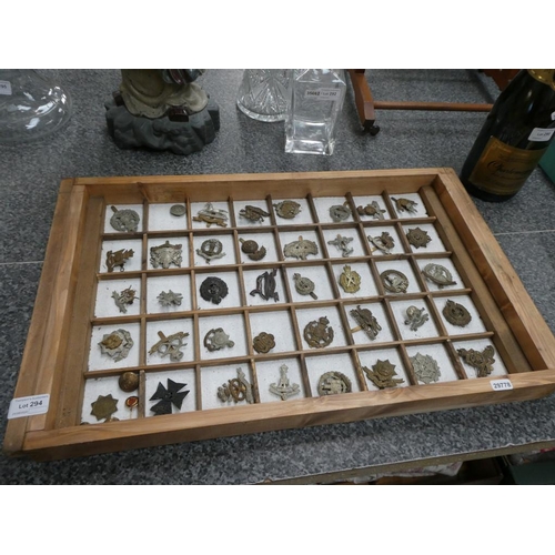 294 - Tray of 39 military cap badges etc