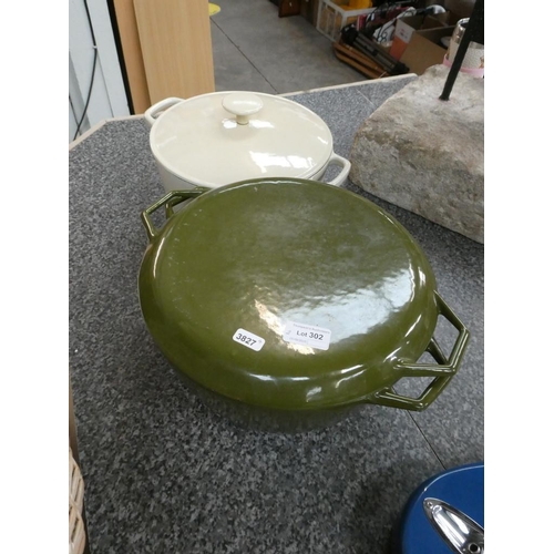 302 - 2 large enamel lidded pans/dishes