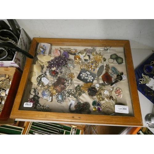 364 - Jewellery display case of mainly vintage brooches