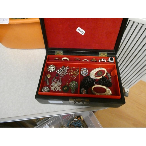 371 - Jewellery box of rings, micro mosaic brooch, jade pendant, cuff links etc