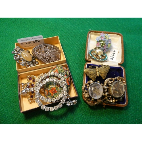 392 - Collection of vintage earrings & brooches inc. micro mosaic, paste, 2 gilt Victorian mourning hair b... 