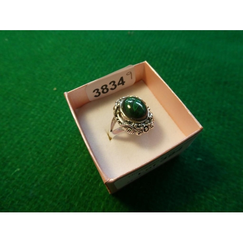 394 - Silver & malachite ring (size T 1/2)