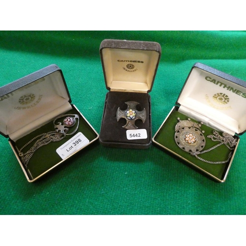 398 - 2 Boxed Caithness silver pendants on silver chains & 1 boxed Caithness silver brooch