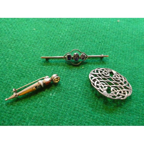 407 - 2 Scottish silver brooches & white metal & blue stone bar brooch