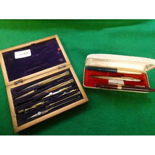 426 - Cased drawing set, Parker pen, silver pencil etc