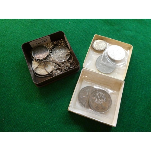 429 - Collection of coins inc. Crowns, silver coin pendants, 3 silver chains etc