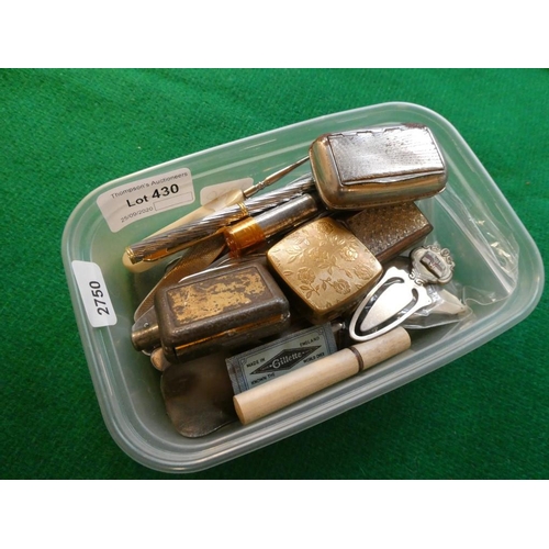 430 - Tub of pocket knives, pillboxes, bookmark etc