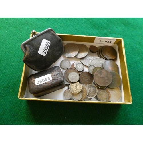 434 - 2 Miniature coin purses & tray of mixed coins inc. Crowns, silver examples etc