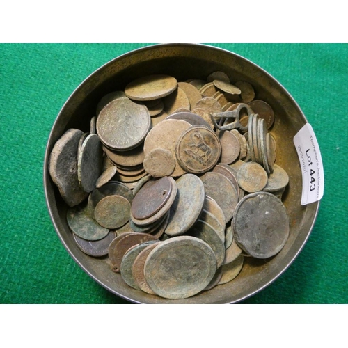 443 - Tin of mixed coins inc. Cartwheel, metal detecting finds etc