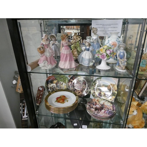 457 - 2 Mixed shelves of figurines inc. 3 Nao, 2 Wedgwood, collectors plates inc. Royal Doulton, Wedgwood ... 