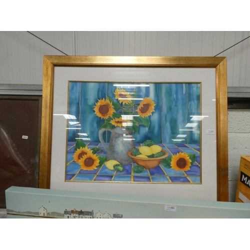 479 - Still life watercolour on silk of sunflowers & lemons