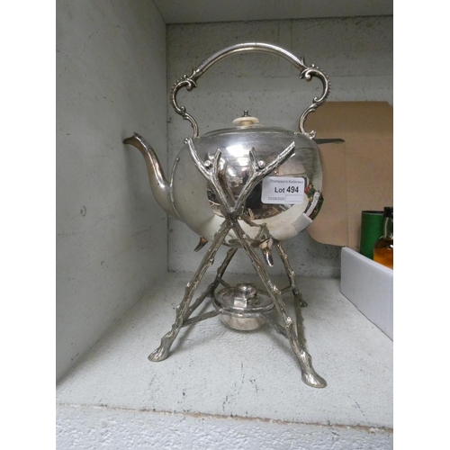 494 - Silver plated spirit kettle on stand