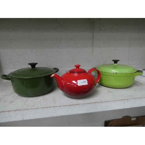 496 - Le Creuset teapot & Le Creuset lidded casserole dish & 1 other