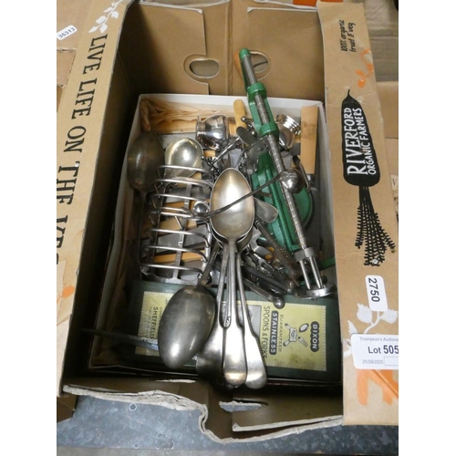 505 - Box of silver plated flatware, toast rack etc