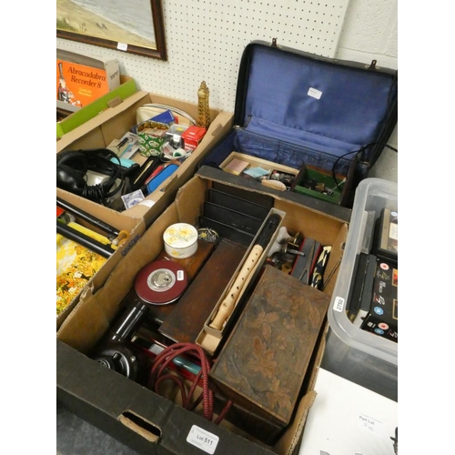 511 - 2 Boxes & travel case of mixed collectables inc. trinket boxes, stationery, hatpins etc