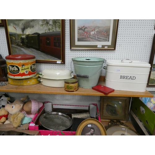 516 - Enamel breadbin, vintage advertising tins etc