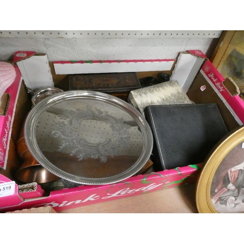 519 - Box of silver plated ware, copper jug, cased cutlery etc