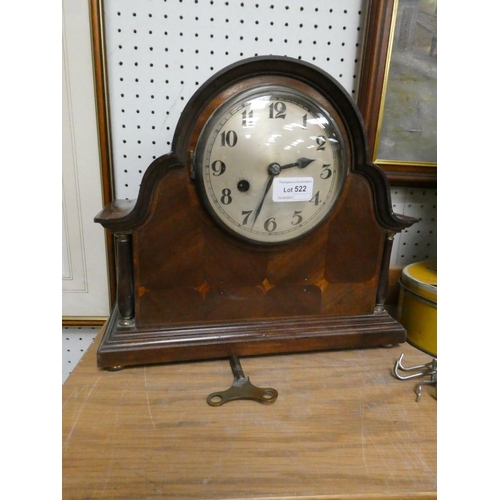 522 - Mahogany cased mantle clock with key & pendulum