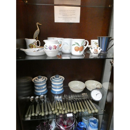 532 - 2 Mixed shelves of Royal Worcester, Denby cutlery etc