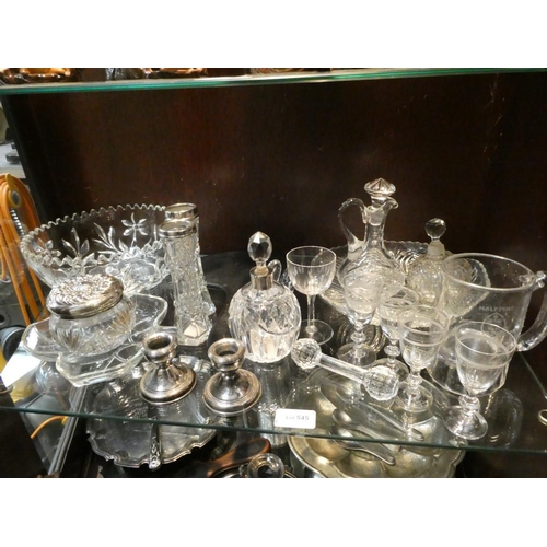 545 - Shelf of mixed glass inc. pair of silver candlesticks, W I Broadway & Co. Birmingham, silver lidded ... 