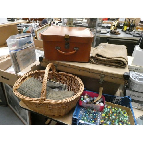 554 - Vintage travel case, wicker basket, ephemera, hessian sack etc