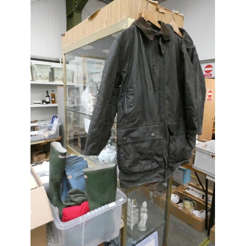 570 - 2 Vintage waxed Barbour jackets & Hunters wellies