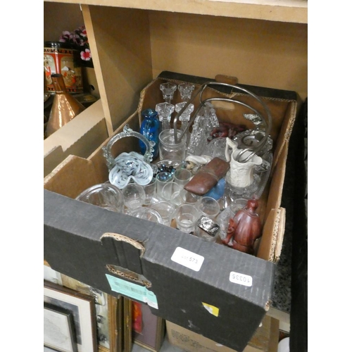 573 - Box of mixed glassware, oriental figurines etc