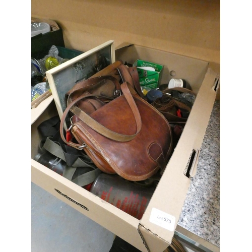 575 - Box of gun cleaning materials, 2 satchels (one by Brady Halesowen) etc