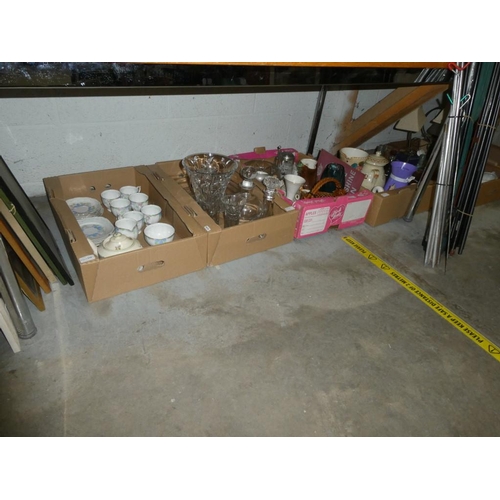 600 - 6 Mixed boxes of vases, decanters, part tea sets, pictures etc