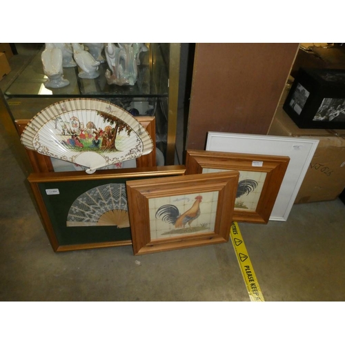 604 - 4 Pictures & a framed fan & painted fan