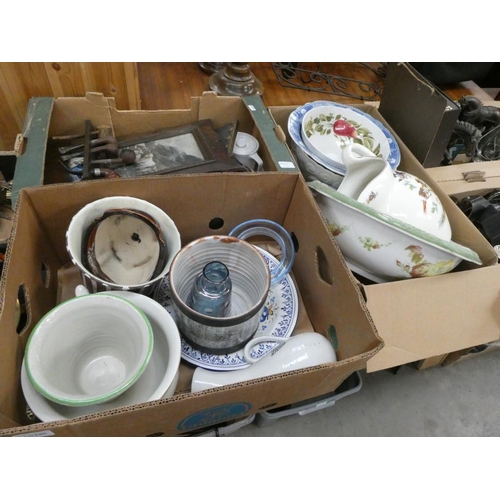 640 - 3 Boxes containing oak pipe rack & pipes, planters, wash bowls etc