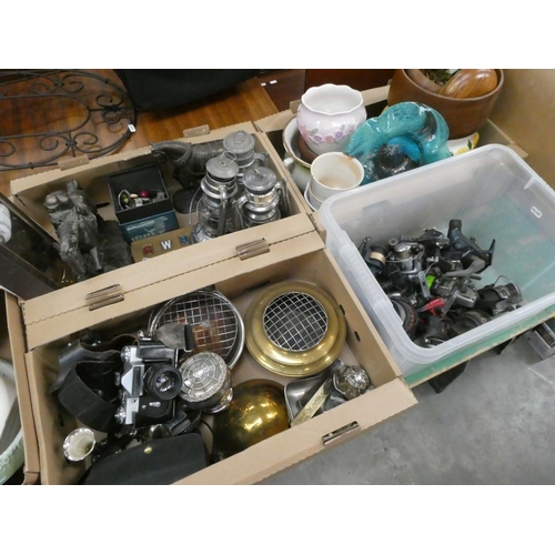 641 - 3 Mixed boxes of collectables inc. fishing reels, Zenit-E camera, costume jewellery etc