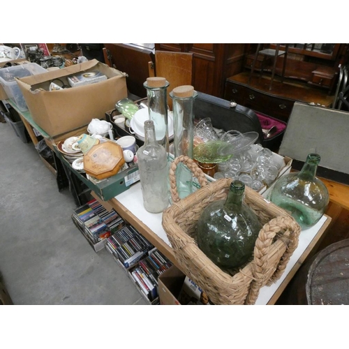 642 - Quantity of glassware, treen bowls, 2 carboys etc