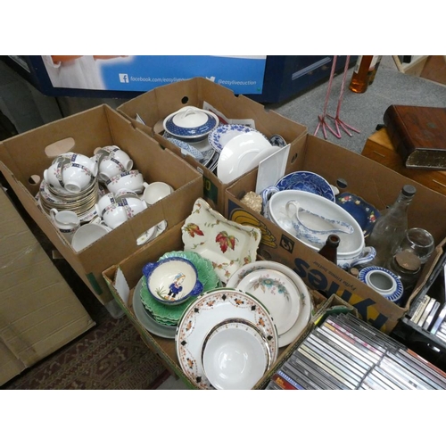 653 - 4 Boxes containing Tuscan tea set, blue & white ware, vintage glass bottles etc