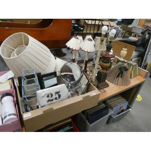 657 - 11 Various table lamps with shades, pair of wall lights, photograph frames etc