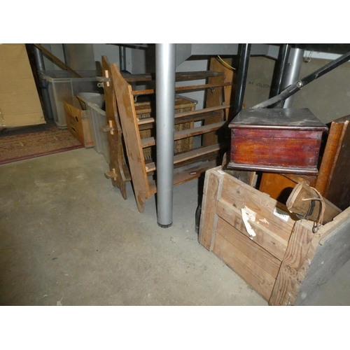 661 - Wooden tool chest, 2 pine wall racks, wicker baskets, stoneware bottles, bird table etc