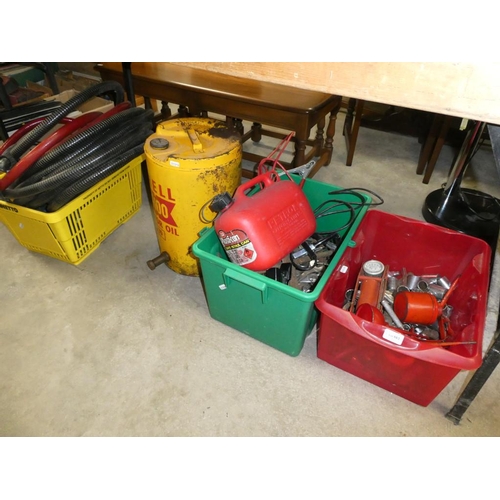 663 - Shell Motor Oil cannister, 2 boxes of spanners, oil cans, sockets etc