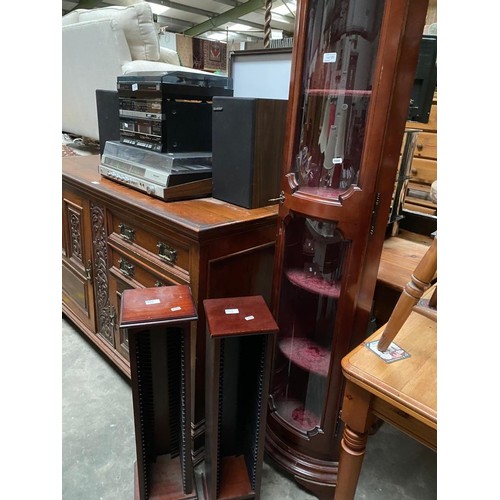 122 - Mahogany bowfront corner cabinet & pair of mahogany CD stands