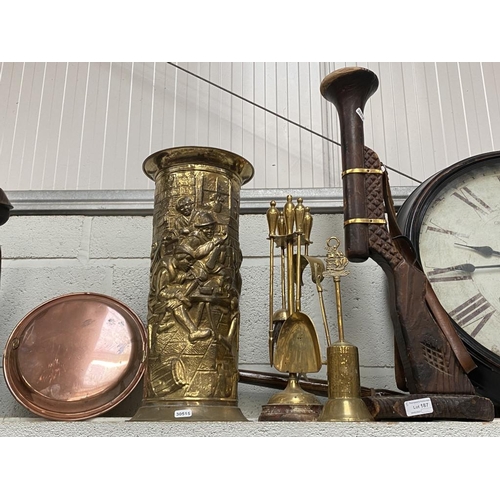 187 - Brass companion set, brass stick stand, copper bed warming pan etc