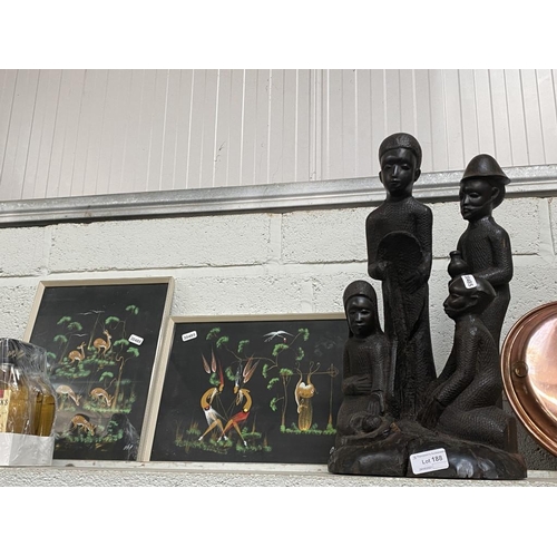 188 - Carved Ethnic figurine & 2 1950's tribal prints
