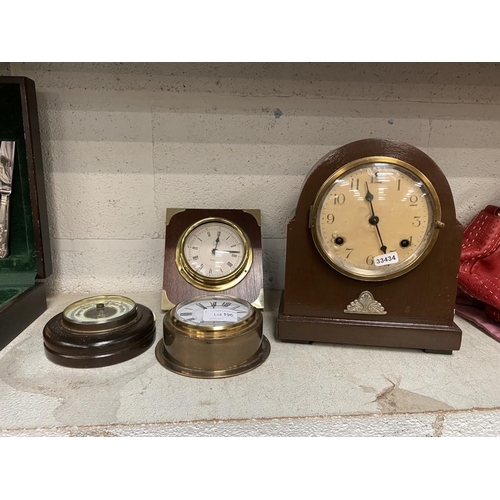 196 - Mantle clock, 2 wall clocks & barometer