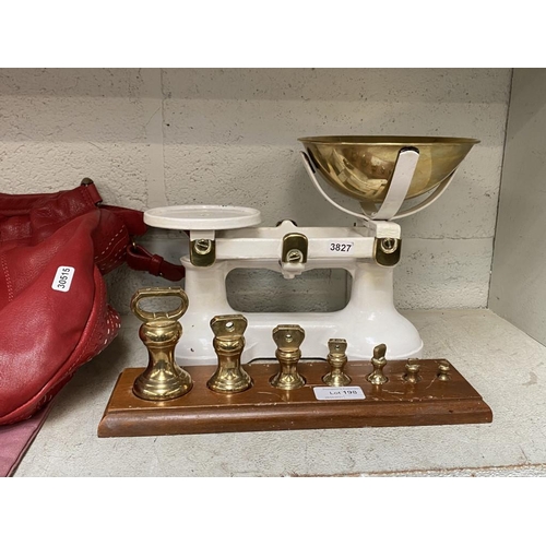 198 - Brass kitchen scales & weights