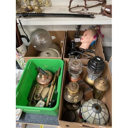 204 - 4 Boxes containing lanterns, lamp shades, copper kettle, anglepoise lamp, dressing table set etc