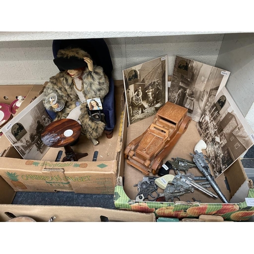 208 - 2 Boxes of mixed collectables inc. vintage toy revolvers, wooden car, prints etc